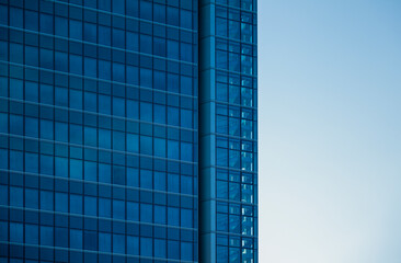 Closeup of modern building tower in Madrid, Spain