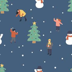 Christmas and New Year seamless pattern. Winter holidays. People are playing snowballs. Vector hand drawn illustration in flat cartoon style.
