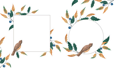 Set of watercolor autumn frames with birds. Clipart
