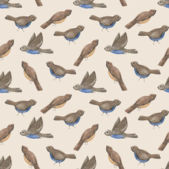 Watercolor hand-painted seamless pattern with cute birds