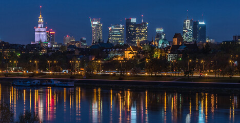 Night panorama of Warsaw from the Gdanski bridge, April 2017, Warsaw, Poland.