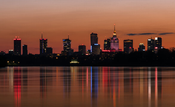 Sunset panorama of Warsaw from the Siekierkowski bridge, May 2017, Warsaw, Poland.