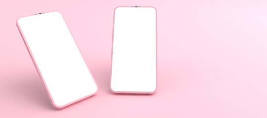 3D rendering of mockups pink Smartphone white screen on pink floor, pink Mobile phone lay down on the ground. Smartphone white screen can be used for commercial advertising,Isolated on pink background