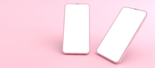 Obraz na płótnie Canvas 3D rendering of mockups pink Smartphone white screen on pink floor, pink Mobile phone lay down on the ground. Smartphone white screen can be used for commercial advertising,Isolated on pink background