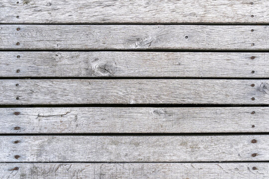 Grey Timber Planks Background Texture. Real Wooden Boards Horizontal With Rusty Screws. Aged Material With Weathered Structure. Abstract Full Frame Pattern.