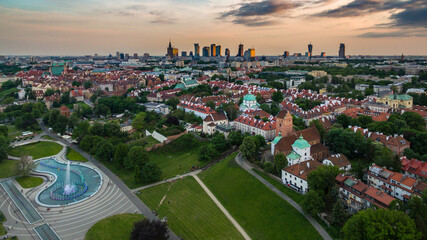 Fototapeta na wymiar Panorama of Warsaw from above, Old Town and downtown at sunset, photo from the drone, May 2017, Warsaw, Poland.