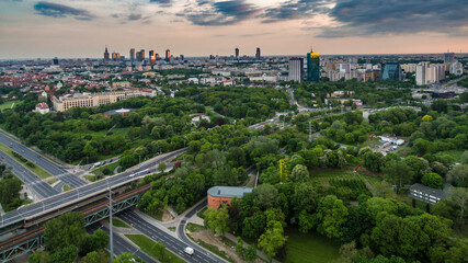 Panorama of Warsaw from above,  downtown at sunset, photo from the drone, May 2017, Warsaw, Poland.