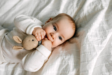 Five months old baby lying on bed, playing with a crocheted bunny toy, biting it. First teeth...