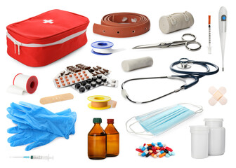First aid kit. Set with different medical supplies on white background