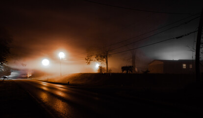 Foggy Street Under The Streetlights - Mixed Lighting