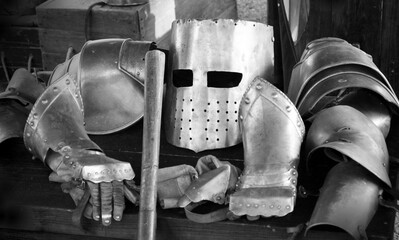 Black and white image of a knight’s suit of armour