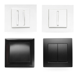 Set with different light switches on white background