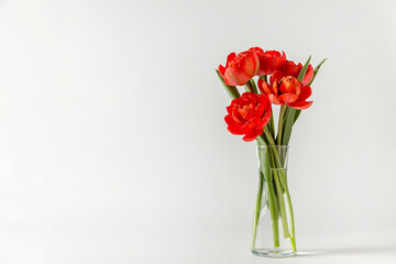 A small bouquet of red terry tulips in a glass vase on a white background.
