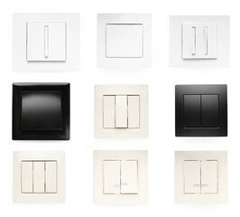 Set with different light switches on white background