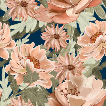 seamless flower pattern, dark background, foliage