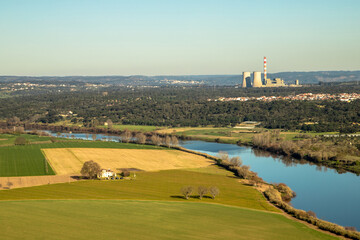 Green fields, "Tejo" river and one Thermal power station at Abrantes City