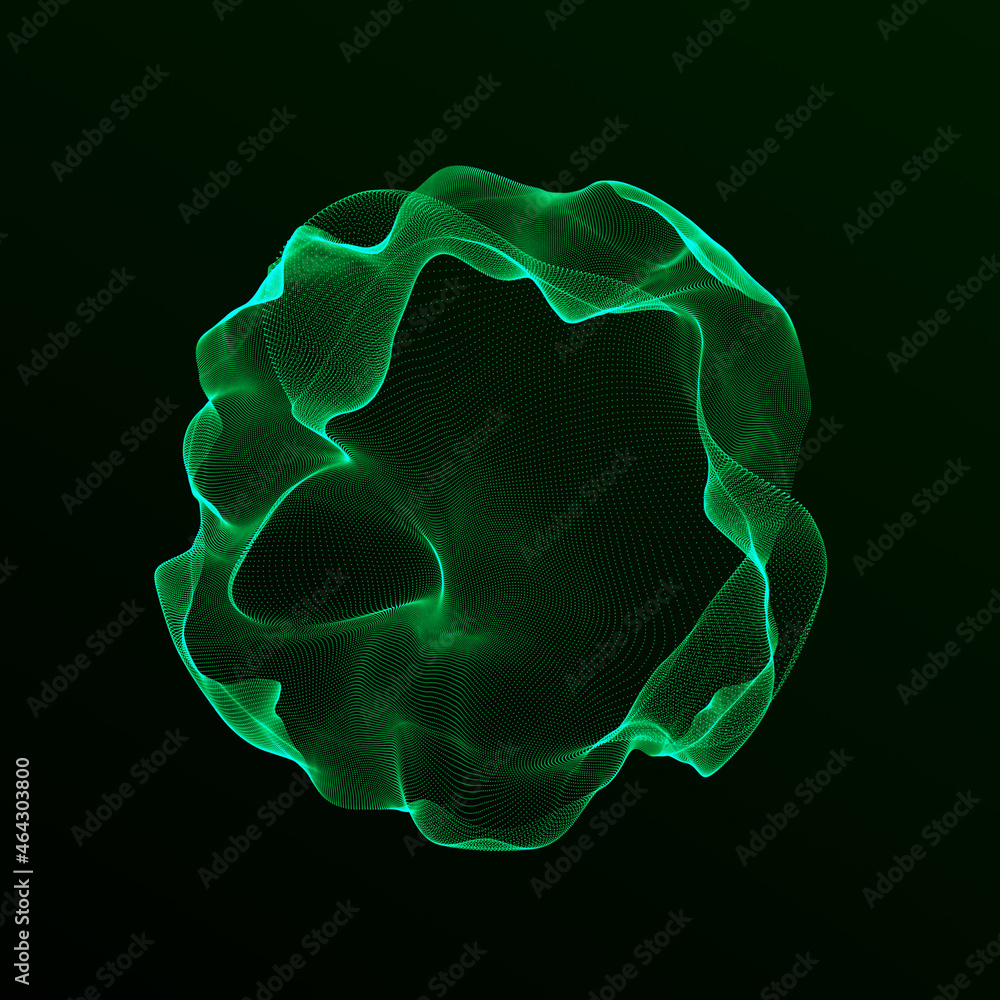 Poster spherical equalizer for music. round sound wave of particles. musical abstract green background. 3d 