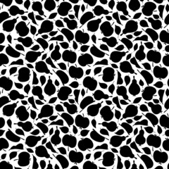 Black fruit silhouettes on white seamless pattern vector illustration. Hand-drawn apples, pears, leaves black and white endless texture. Hand-drawn floral texture with fruits vector
