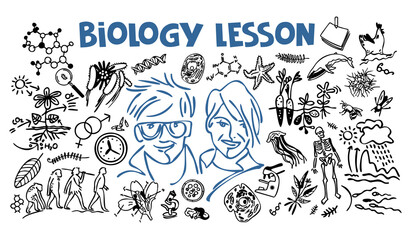 Biology lesson. A set of symbols for a biology lesson. Drawing lines on a white background. The concept of training, education.