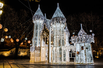 Christmas Castle with lights in Viseu City - obrazy, fototapety, plakaty