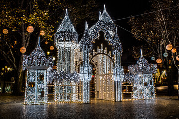 Christmas Castle with lights in Viseu City - obrazy, fototapety, plakaty