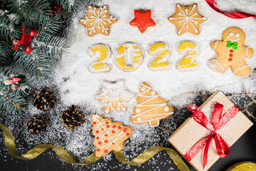 New years 2022 holidays composition on snow background
