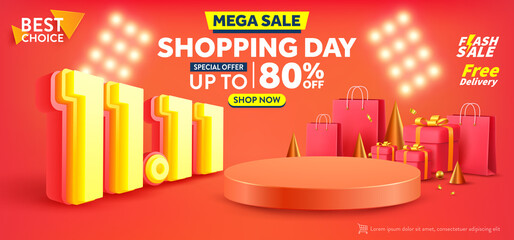 Vector of 11.11 Shopping day Poster or banner with product podium scene,gift box and shopping bag.11 november sales banner template design for social media and website.