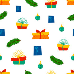 Seamless pattern of gift box different shapes Happy New Year set illustration isolated on white background. Vector