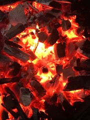 Close up of burning charcoal. fire in the fireplace.Closeup texture of burning charcoal.Background from a fire, conflagrant firewoods and coals