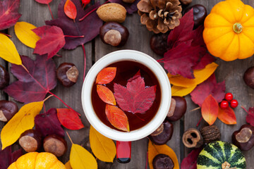 Obraz na płótnie Canvas Autumn flat lay. Red mug with hot herbal tea. Pumpkins, bright maple leaves, wooden background. Top view close up