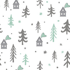 Obraz premium Scandinavian winter seamless pattern. Cute houses, and trees landscape. Cartoon Xmas vector background