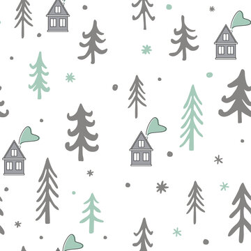 Scandinavian winter seamless pattern. Cute houses, and trees landscape. Cartoon Xmas vector background