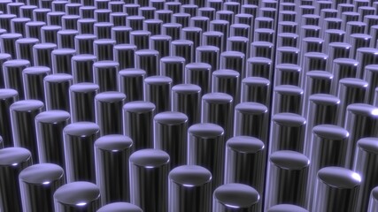 Fototapeta premium Nuclear fuel rods. Fuel cells. Nuclear reactor, power plant fuel tanks . Shiny silver chrome bottles . Cylinder array . 3d render illustration