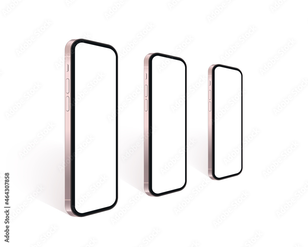 Poster realistic smartphones in row en perspective view with white screen. gold mobile phone mockup set for