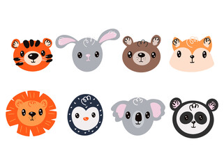 Cute animal faces set. Hand drawn characters lion, koala, panda, tiger, bear, fox, rabbit, penguin. Cute kawaii animals set. 