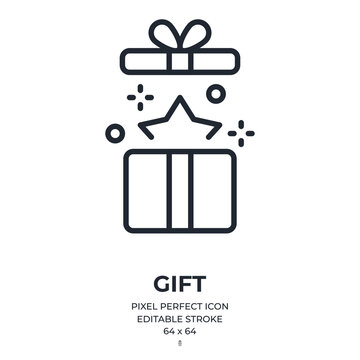 Open Gift Editable Stroke Outline Icon Isolated On White Background Flat Vector Illustration. Pixel Perfect. 64 X 64.