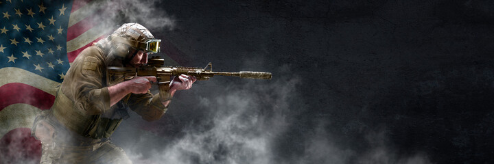 Fototapeta na wymiar Professional special forces fighter, during a special operation is shrouded, in smoke against a dark concrete wall and US flag background - he is defending flag. Photo format 3x1.