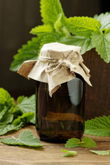 Bottles with lemon balm essential oil and tonic lotion for skin care on rustic wooden background,...