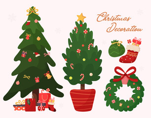 Set of Christmas tree decorate with ornaments gift socks bell gift present wreath decoration collection illustration vector