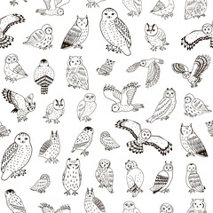 Owls outline vector seamless pattern