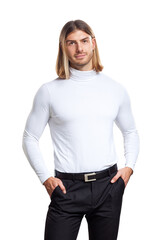 Male fashion, beauty concept. Portrait of young man blond hair, posing over gray background. Classic style. Studio shot