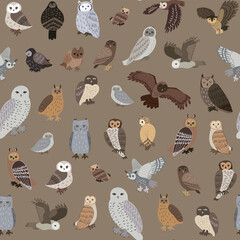 Owls birds wildlife forest animals vector seamless pattern