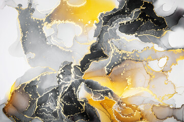 Abstract fluid art painting background in alcohol ink technique, mixture of vivid yellow  black and gold paints. Transparent overlayers of ink create lines and gradients. Burst of creativity. - 464312877