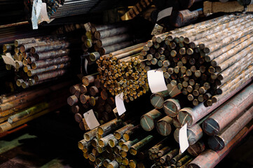 Hot rolled steel, bundle of round metal rods close-up