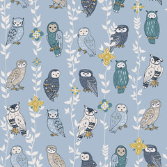 Owls in flowers vector seamless pattern