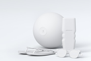 Set of beach accessories like flip flops, sunglasses and ball on monochrome