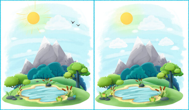 Children's game find the 10 differences. Landscape with pond, reeds, trees and mountains.