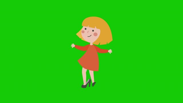4k video of cartoon little girl wearing red dress trying on high hills.