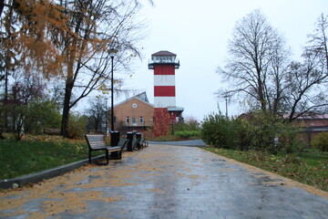 Red and white Lighthouse among a trees on the coast at the rainy autumn day