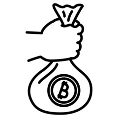 Bitcoin is in the bag. Money storage, accumulation of funds. Icon, vector, outline, isolated, 48 pixel.